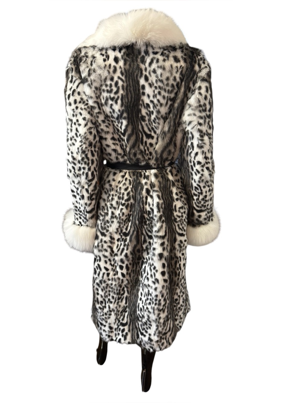 Luxury White & Black Leopard Print rabbit Fur Coat with White fox Collar - Picture 2 of 16